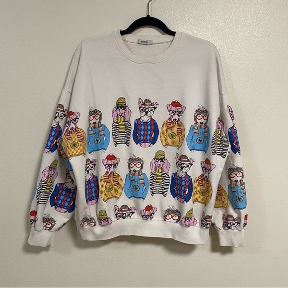 HHKULI Sweater Women’s Size Large White Dog novelty print crew neckline - Picture 1 of 13